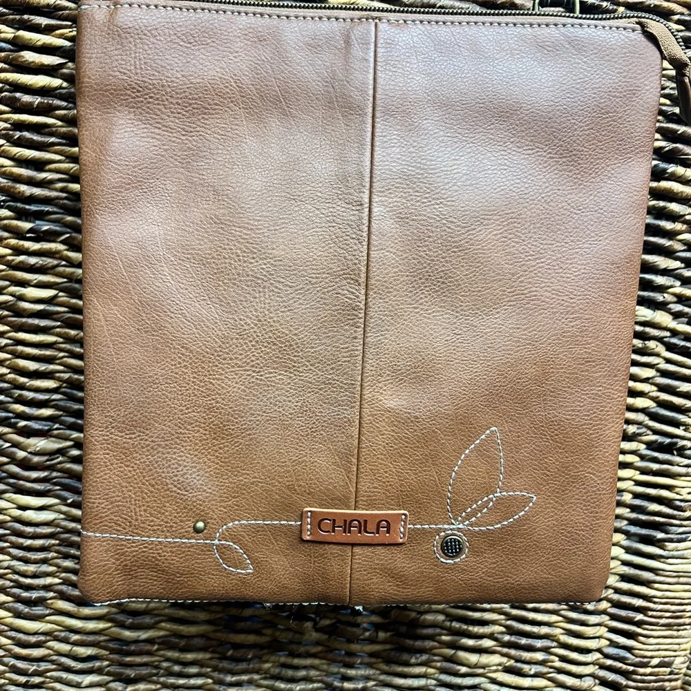 Chala-Brown Crossbody Bag with Floral Embroidery, 9”x10”, Clean inside,back fade - Picture 2 of 10